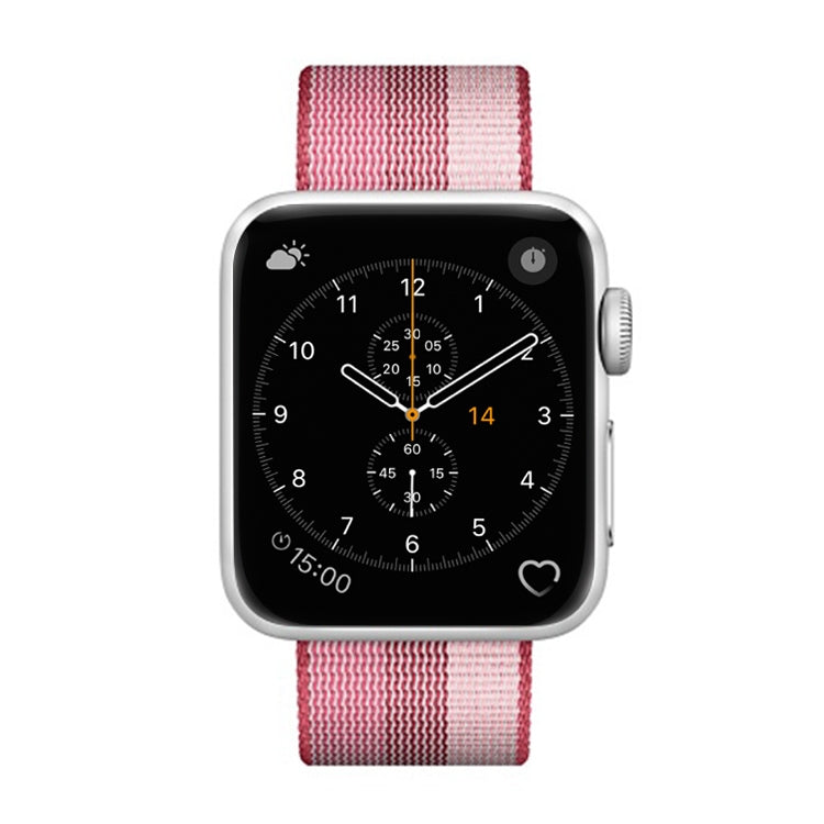 42mm woven nylon watch band, berry and light stripe weave, metal buckle