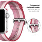 Berry striped woven nylon watch band close-up, U-shaped metal buckle and secure fit