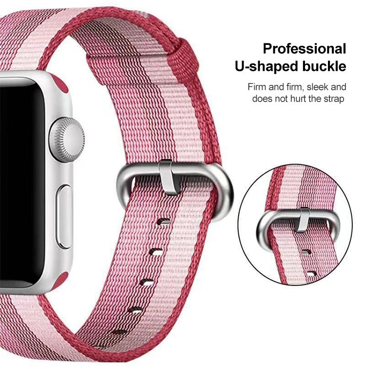 Berry striped woven nylon watch band close-up, U-shaped metal buckle and secure fit