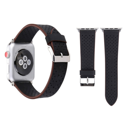 38mm black perforated leather watch band with metal buckle and pin, for Apple Watch.