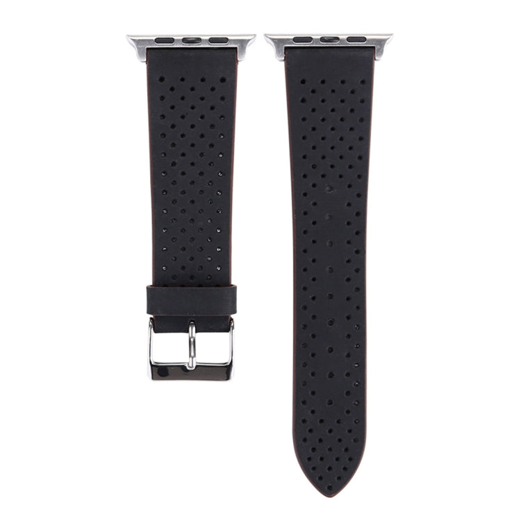 Black perforated leather watch band with metal buckle and pin, 38mm size.