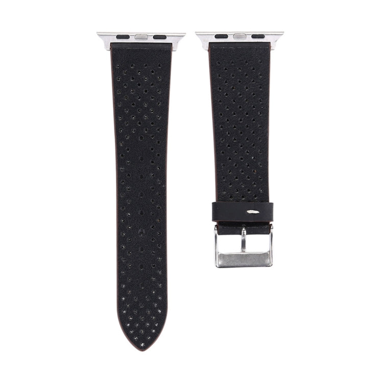 Black perforated leather watch band with rectangular metal buckle, 38mm.