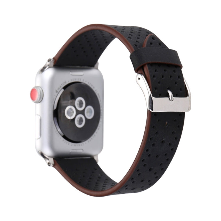 38mm black perforated leather watch band with brown accent underside and metal buckle.