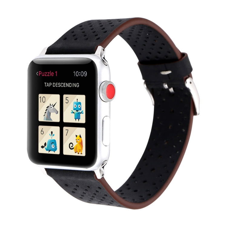 Black perforated leather watch band with brown edge, metal buckle, 38mm.