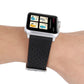 Black perforated leather watch band with metal buckle on wrist, 38mm.