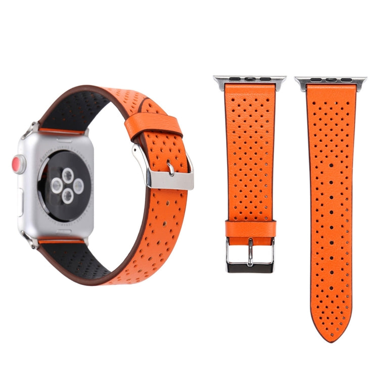 38mm orange perforated leather watch band with metal buckle, matching holes pattern.