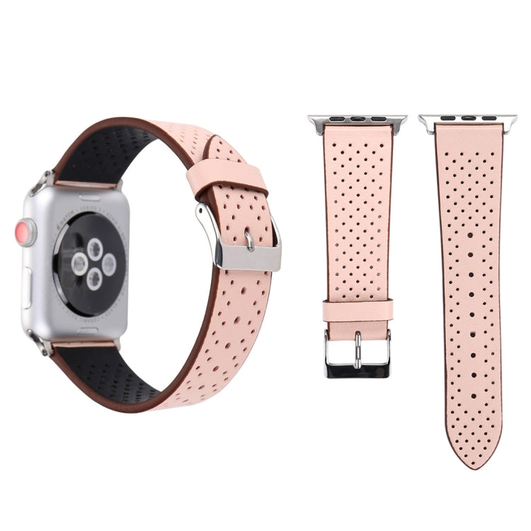 38mm pink perforated leather watch band with metal buckle and perforation pattern.
