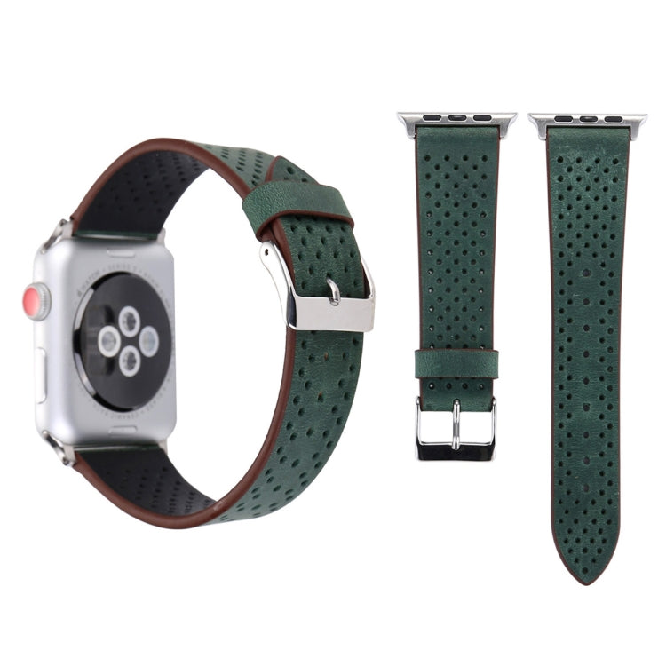 38mm green perforated leather watch band with metal buckle and pin.
