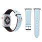 38mm light blue perforated leather watch band with metal buckle and pin.