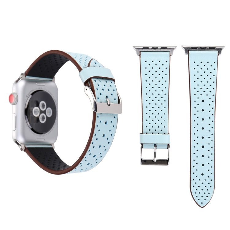 38mm light blue perforated leather watch band with metal buckle and pin.