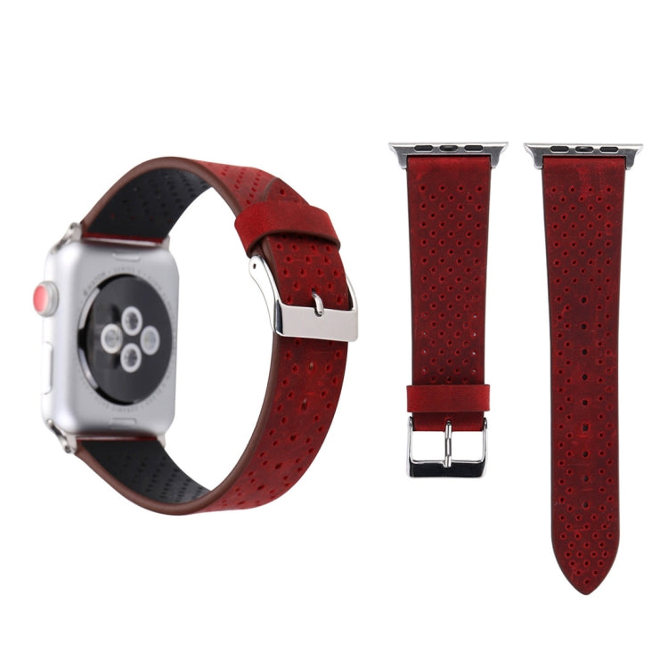 Red perforated leather watch band with metal buckle, for 38mm Apple Watch