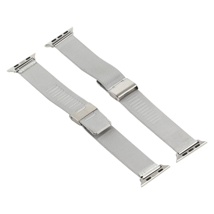 Silver stainless steel mesh watch band with fold-over clasp ends for Apple Watch 38mm