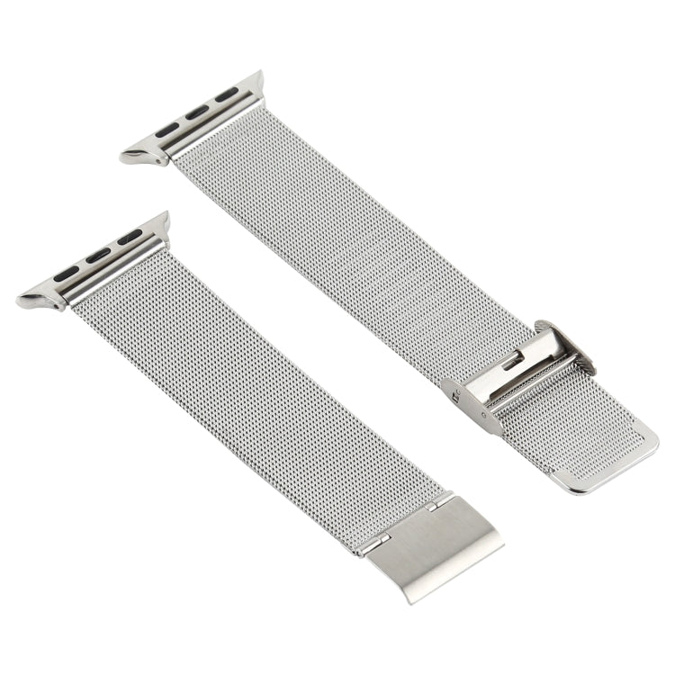 Silver stainless steel mesh watch band with fold-over clasp and adapter pins, 38mm