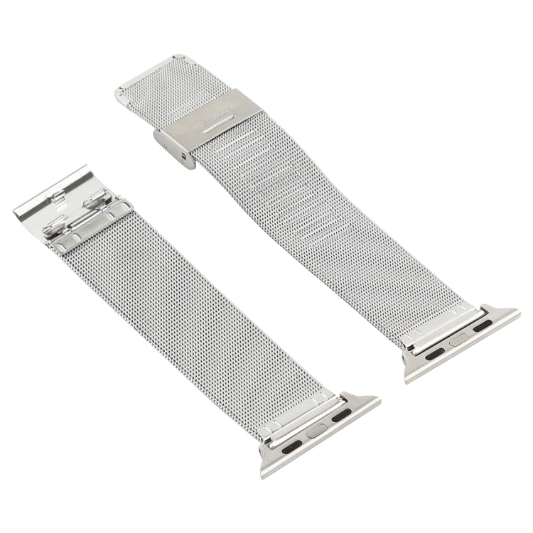 Silver stainless steel mesh watch band with clasp and connector openings for 38mm