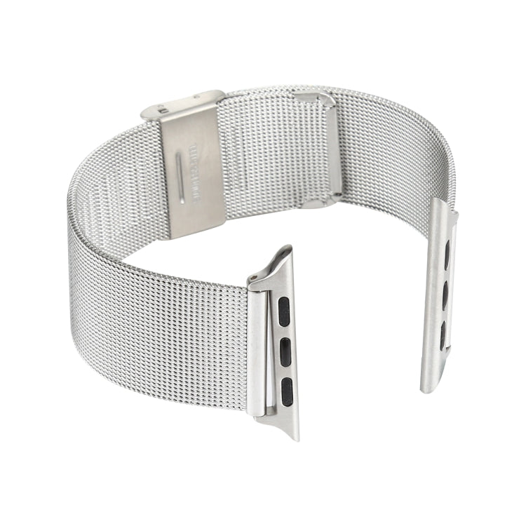 Silver stainless steel mesh watch band loop with fold-over clasp for Apple Watch 38mm