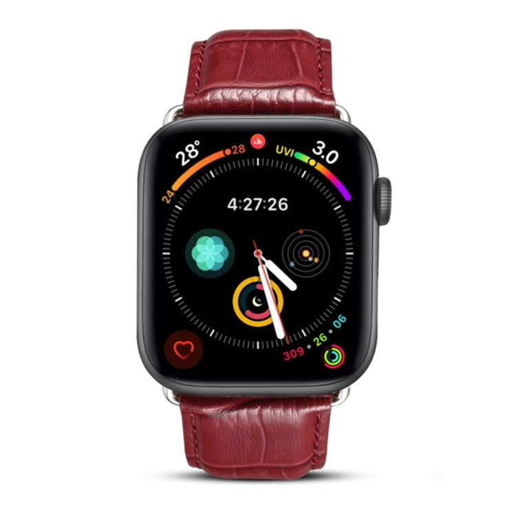 Apple Watch with dark red crocodile-grain leather band and metal buckle