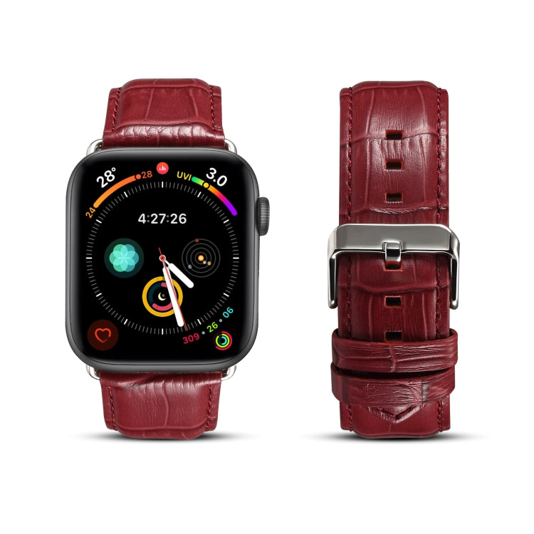 Apple Watch with dark red crocodile-grain leather band, front and back views