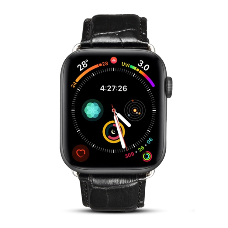 Apple Watch with black crocodile-grain leather band and metal buckle