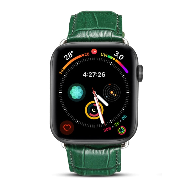 Apple Watch with green crocodile-grain leather band and metal buckle