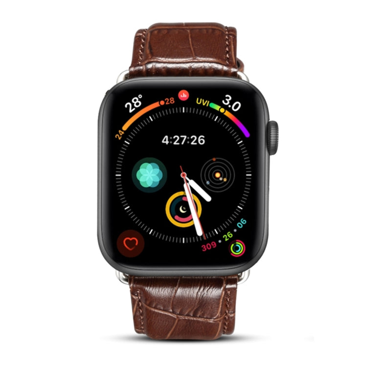Apple Watch with brown crocodile-grain leather band and metal buckle