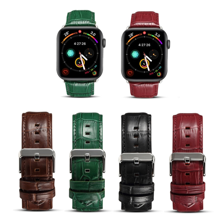 Crocodile-grain leather watch band set with silver buckle, shown in brown, green, black, red
