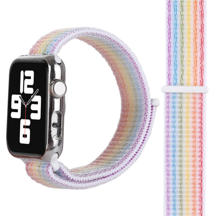 Rainbow nylon Apple Watch band with woven texture, 42mm, watch edge visible