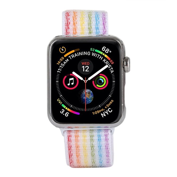 Rainbow nylon Apple Watch band with front watch face, full 42mm strap