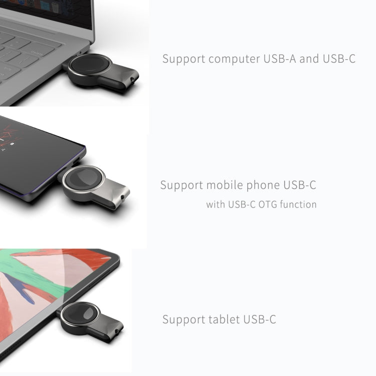 Portable magnetic wireless charger with USB-C cable, puck attached to desk electronics