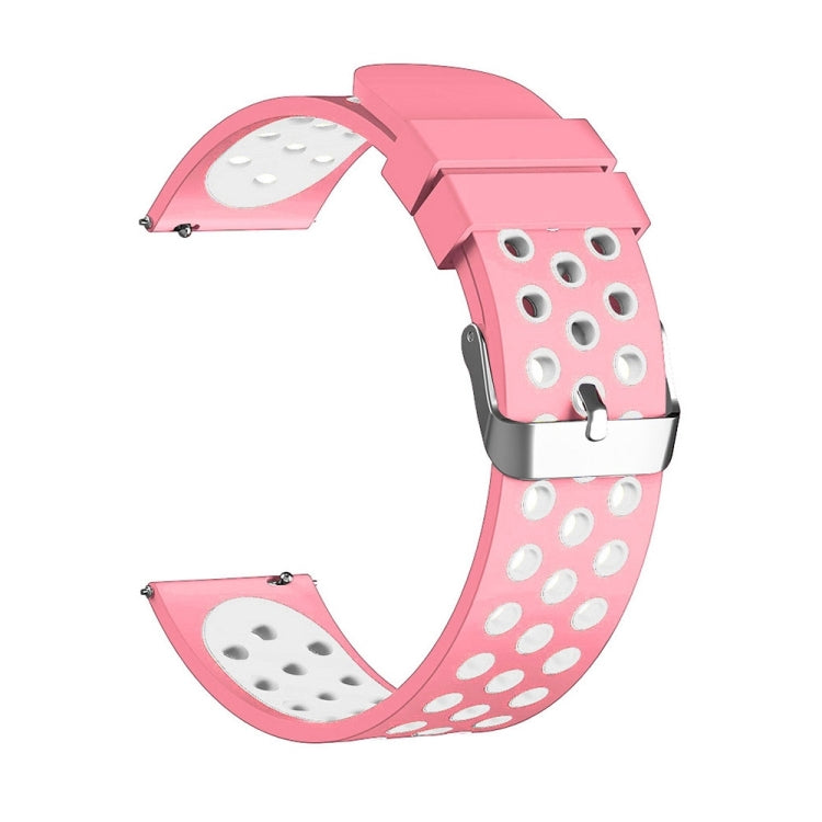 Pink silicone perforated watch band with clasp and vent holes, split view