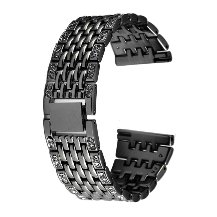 Black metal watch band with interlocking links, clasp, and rhinestone-trim accents.