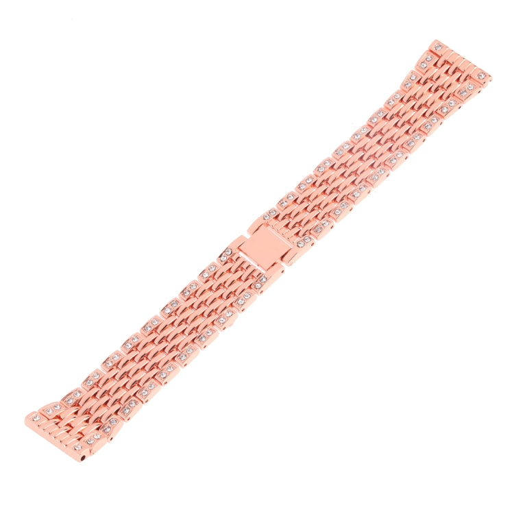Rose gold metal watch band, long interlocking chain with small rhinestone accents.