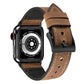 Brown leather-look watch band with metal clasp and stitched holes for Apple Watch.
