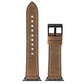 Leather-look watch band with stainless steel buckle, brown with stitched edge holes.
