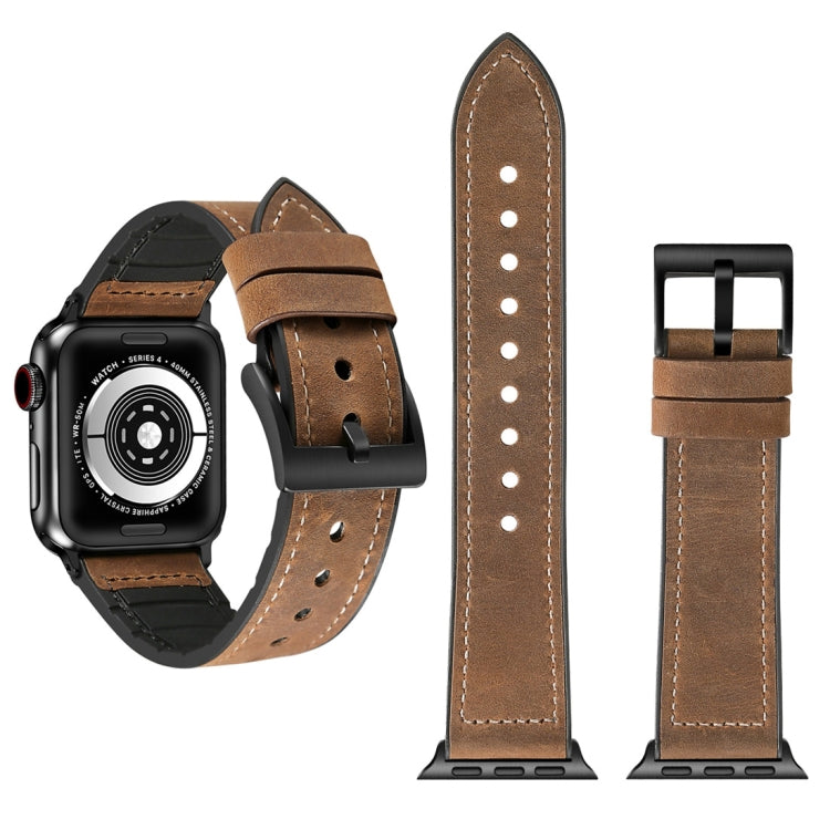 Crazy Horse texture TPU watch band in brown with black ends, buckle, and stitched holes