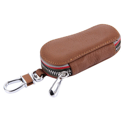 Brown leather keychain wallet with zippered case and silver carabiner clips