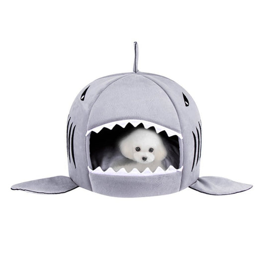Grey shark-shaped pet sleeping bed with open mouth window and side fins