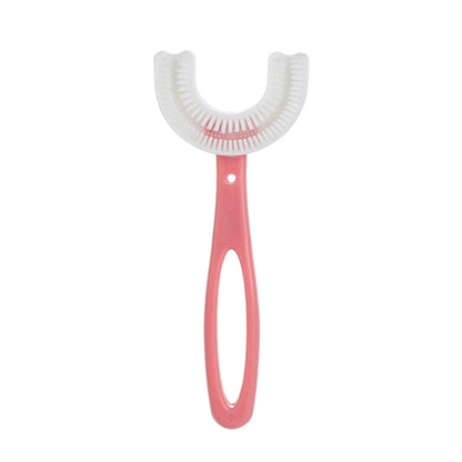 Pink U-shaped soft toothbrush with straight handle, child oral care brush