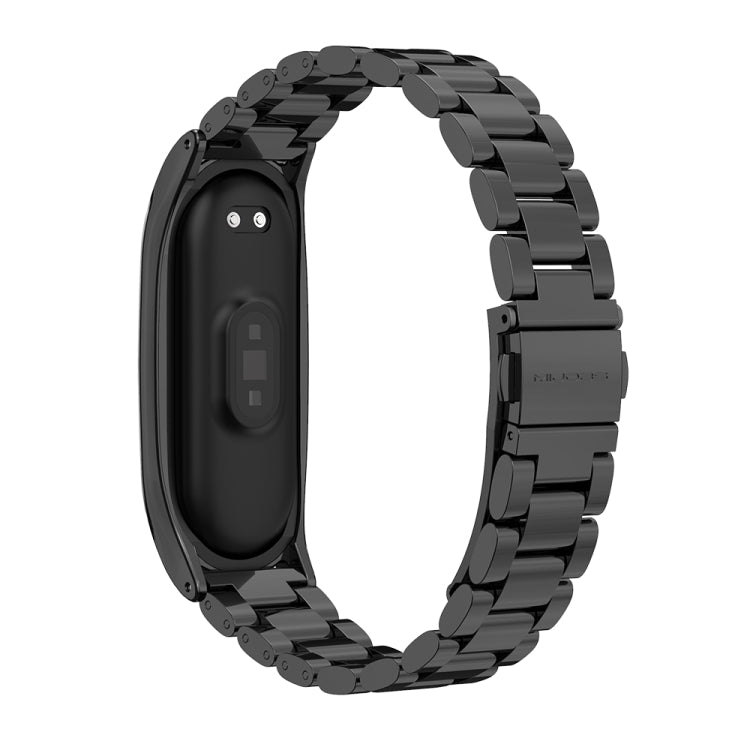 Black stainless steel watch band with glossy metal links and side button cutout