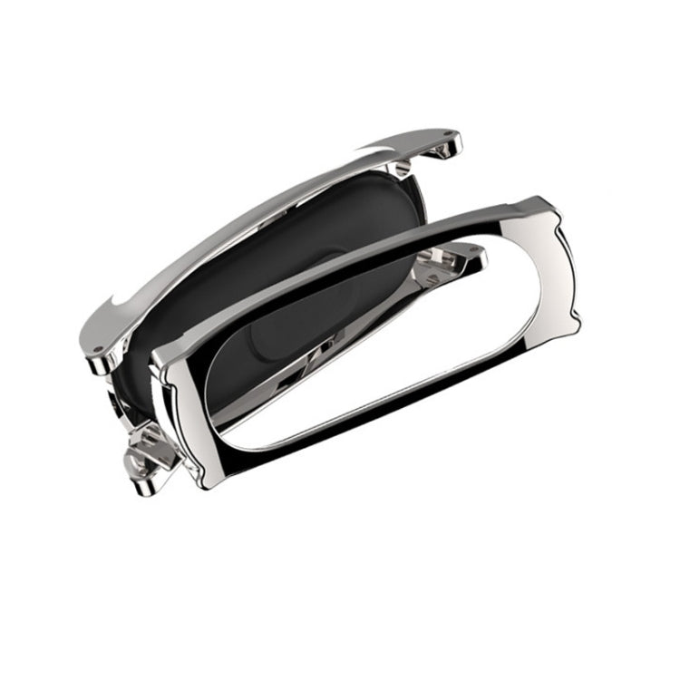 Screwless magnetic watch band case in black and silver with open band slots