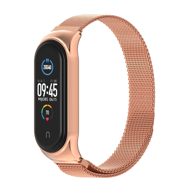 Rose gold metal magnetic mesh watch band with fitness tracker display