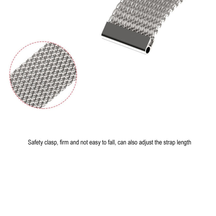 Silver metal mesh watch band end cap with safety clasp detail