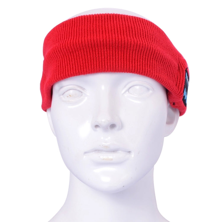 Red knitted Bluetooth headband with small blue button controls on side