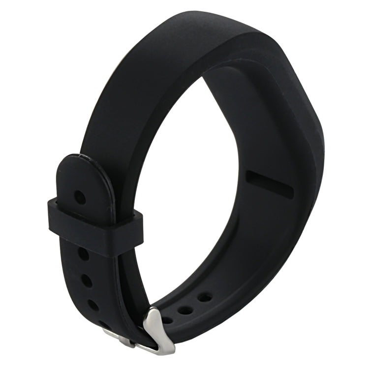 Dark silicone smartwatch band with side clasp, metal pin, and perforated strap
