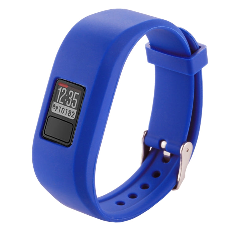 Blue silicone smartwatch band with digital screen, metal pin, and strap holes