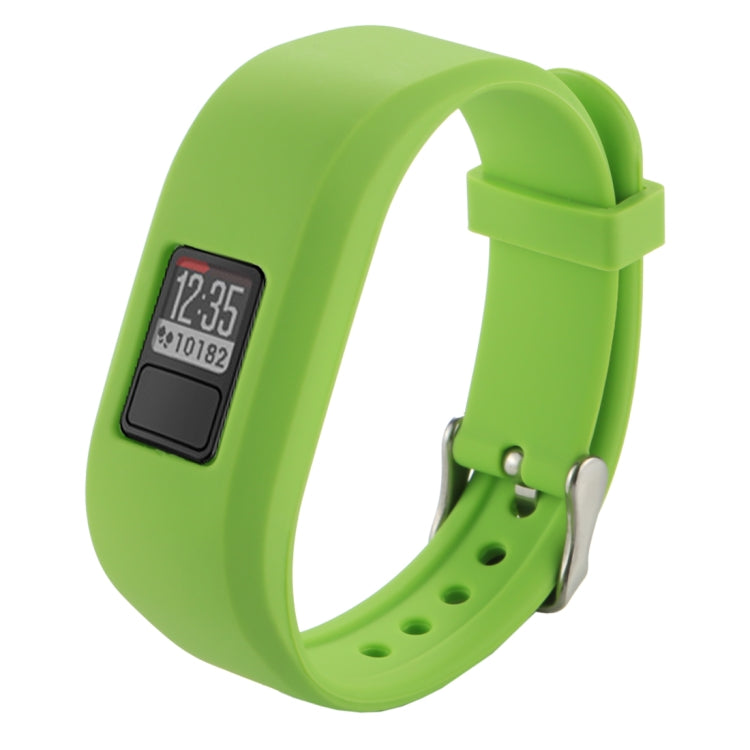 Green silicone smartwatch band with digital screen, metal pin, and vented holes