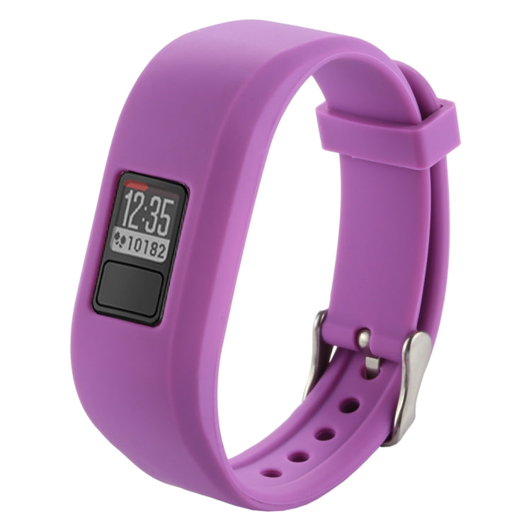 Purple silicone smartwatch band with digital screen, metal pin, and vented holes