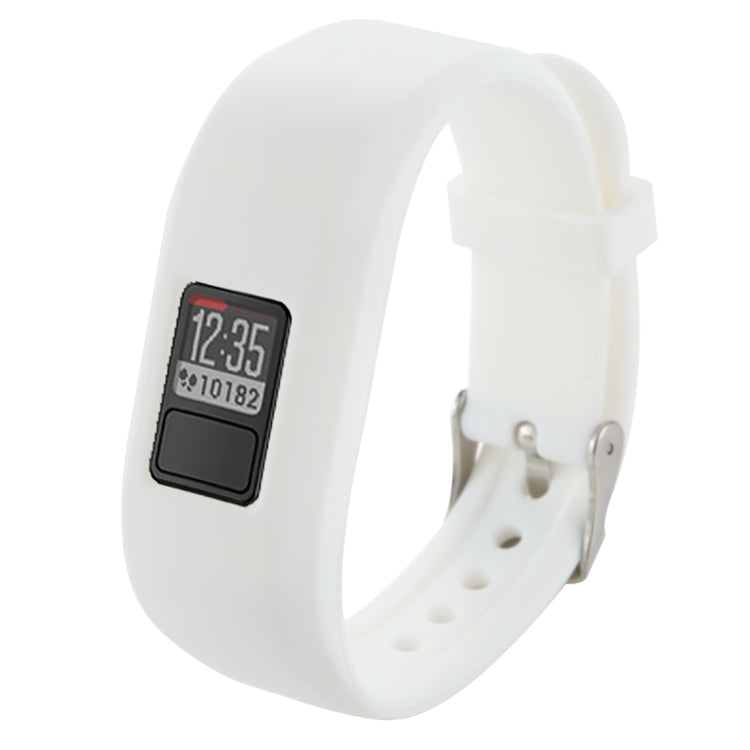 White silicone smartwatch band with digital screen, metal pin, and vented holes