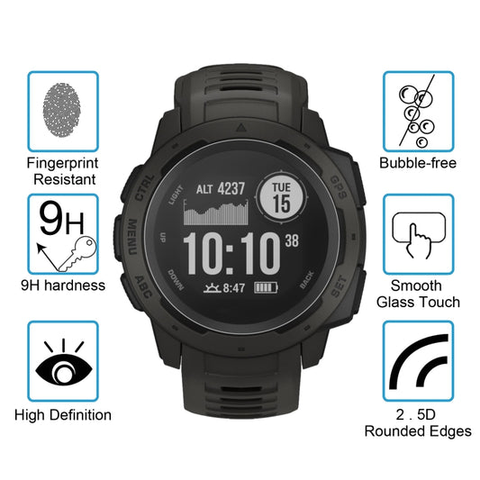 Curved tempered glass screen protector on dark smartwatch screen, clear round fit.