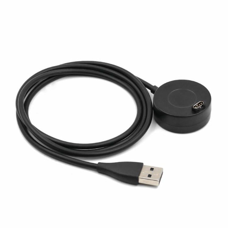 Black coiled charging cable with round dock and USB-A plug