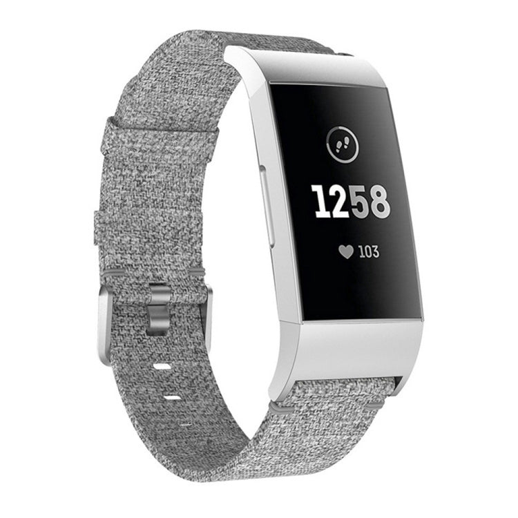 Grey woven nylon watch band with metal clasp and adjustment holes